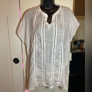 Dept222 White & Metallic Silver Embroidered V-Neck Top Medium NEW